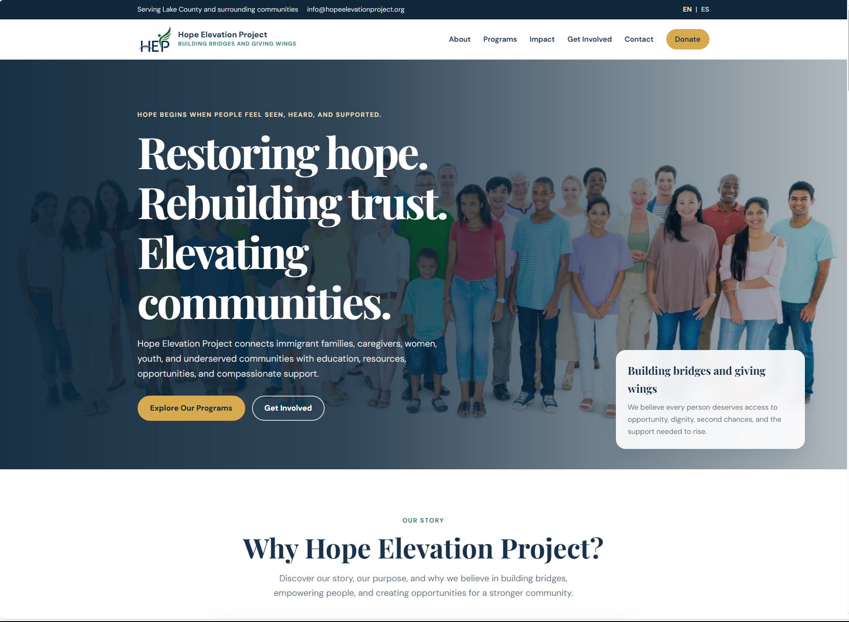 Hope Elevation Project website homepage screenshot