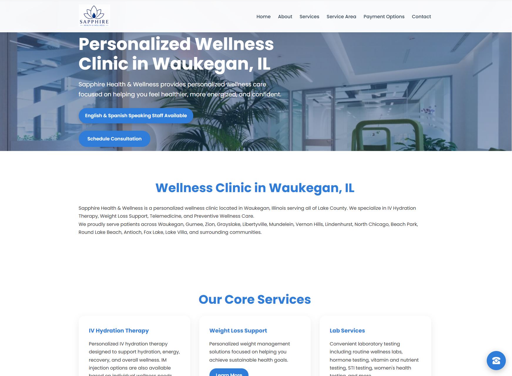 Sapphire Health and Wellness website homepage screenshot